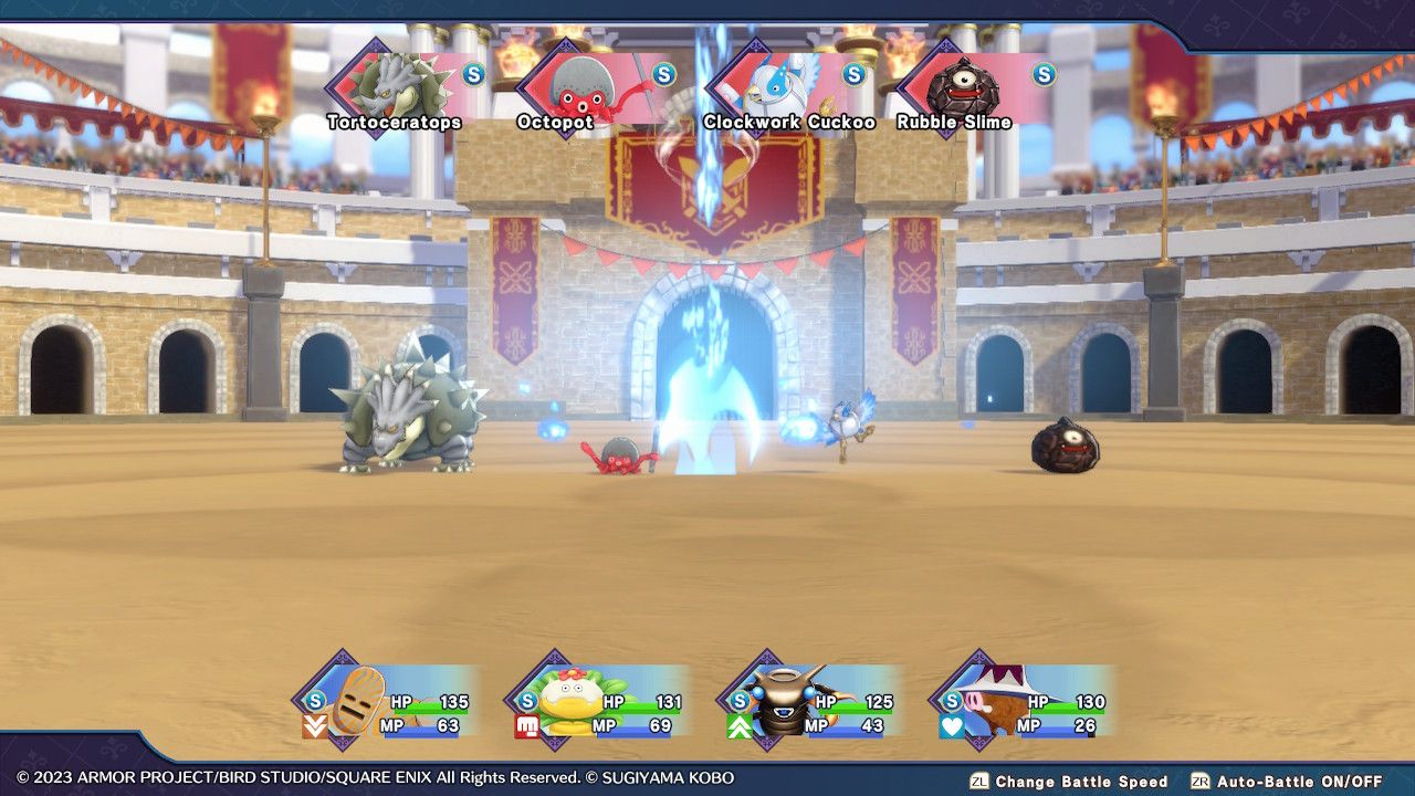 Ham Shamwitch using the Cold Breath skill against an enemy team of Tortoceratops, Octopot, Clockwork Cuckoo and a Rubble Slime in Endor Colosseum in Dragon Quest Monsters: The Dark Prince.