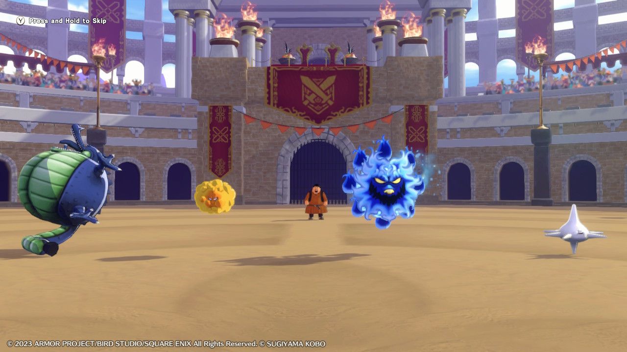 Challenger in Endor Rank E shows off his team of an Airbagon, Hell Nino, Grinferno, and a Spiky Smile that are ready to fight in Dragon Quest Monsters: The Dark Prince.