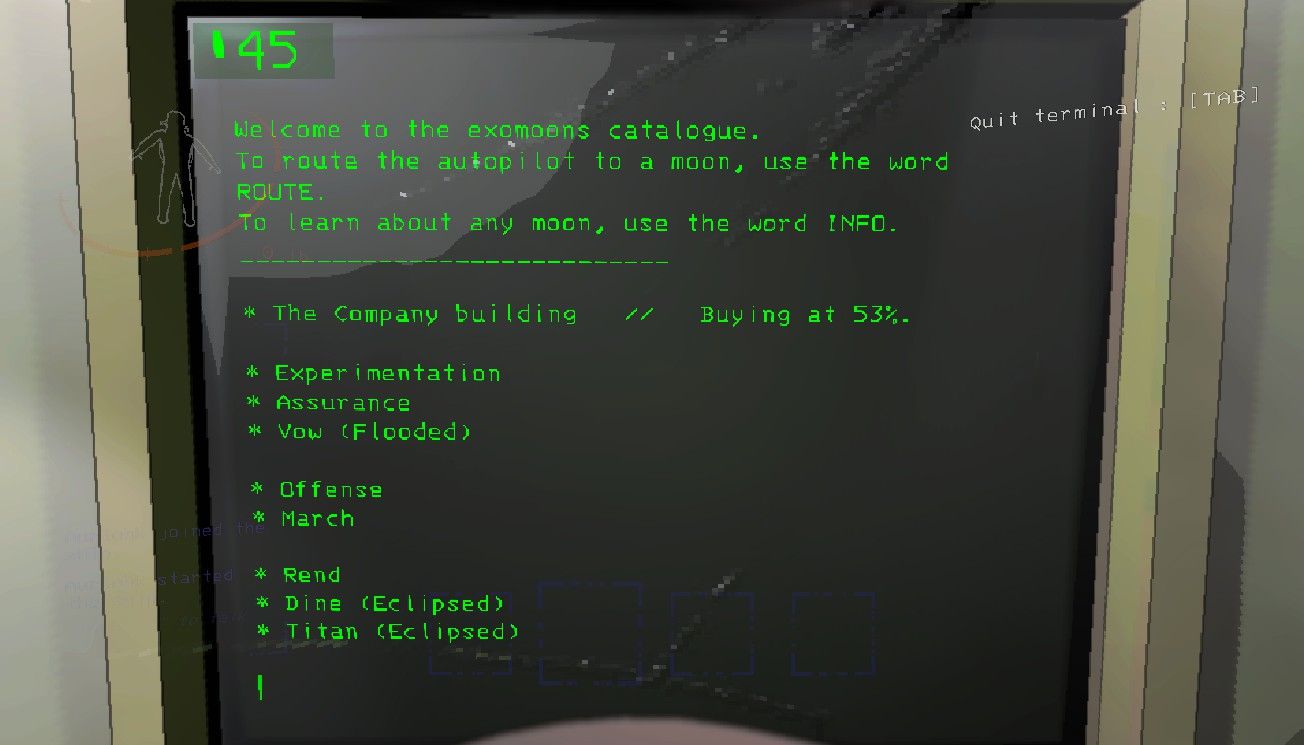 Worker in the terminal computer UI and looking at the list of exomoons available to visit, some of which have weather effects, in Lethal Company.