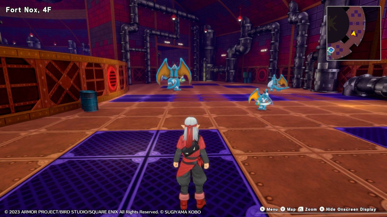 Psaro standing on a metal floor in Fort Nox near three Mandrake Majors in the Circle of Fortitude Middle Echelon in Dragon Quest Monsters: The Dark Prince.