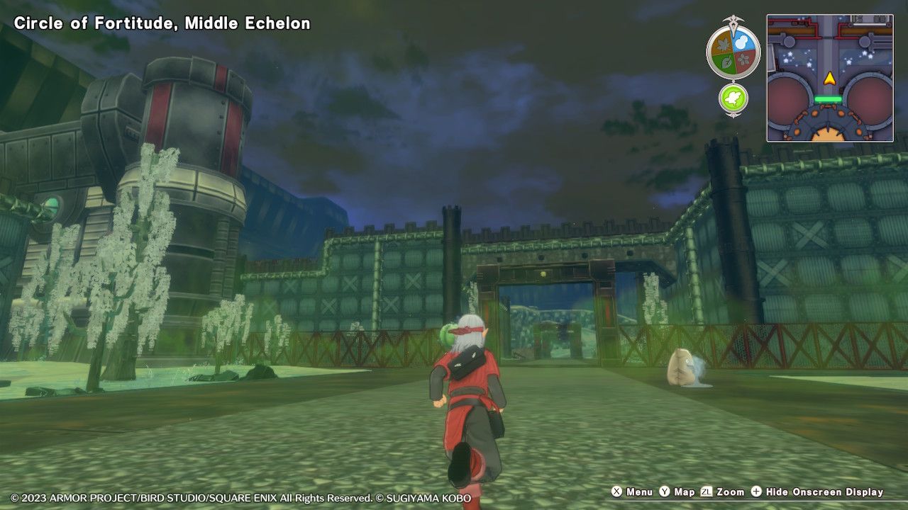 Psaro running towards a large overhang between two buildings in the Middle Echelon of the Circle of Fortitude in Dragon Quest Monsters: The Dark Prince.