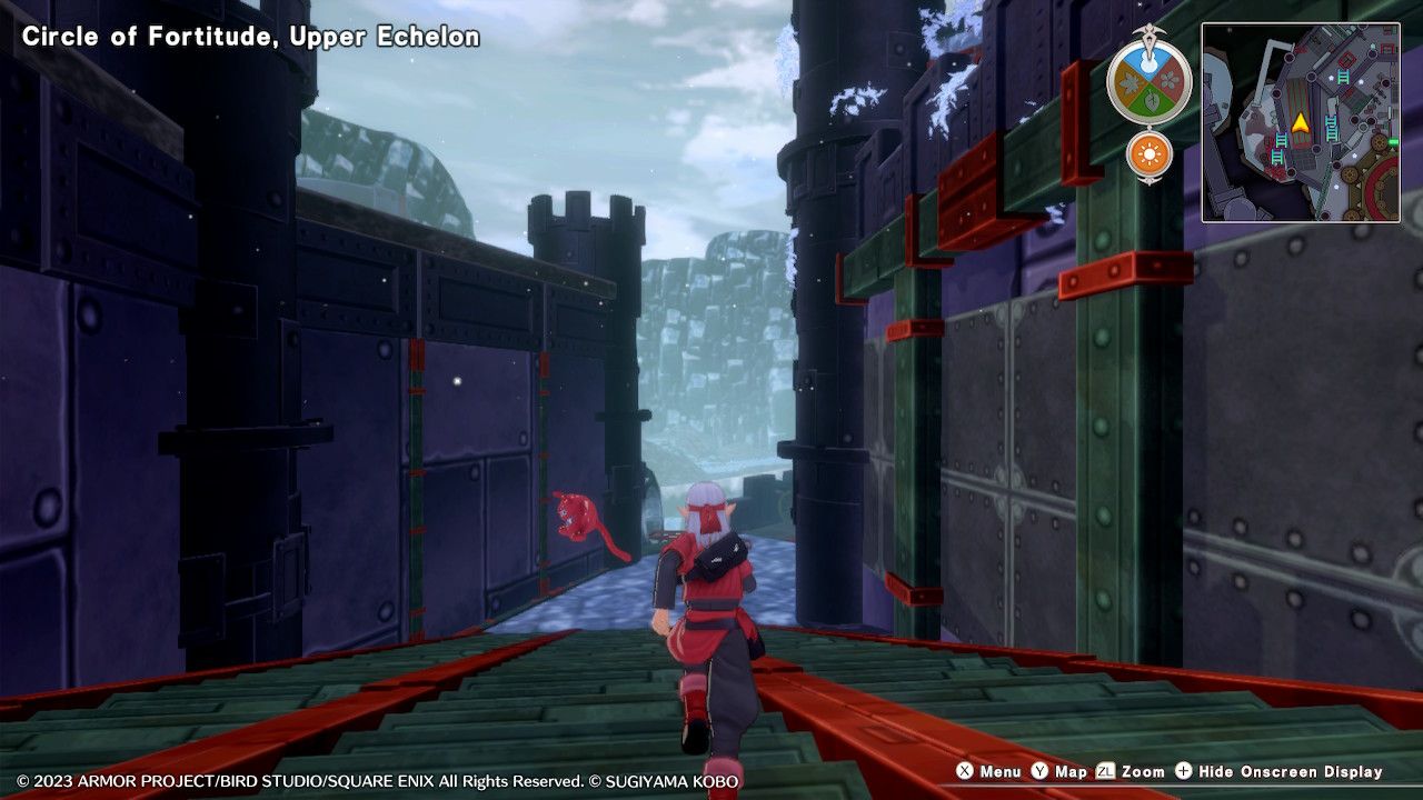 Psaro running down a large metal staircase towards a Drackolyte in the Upper Echelon of the Circle of Fortitude in Dragon Quest Monsters: The Dark Prince.