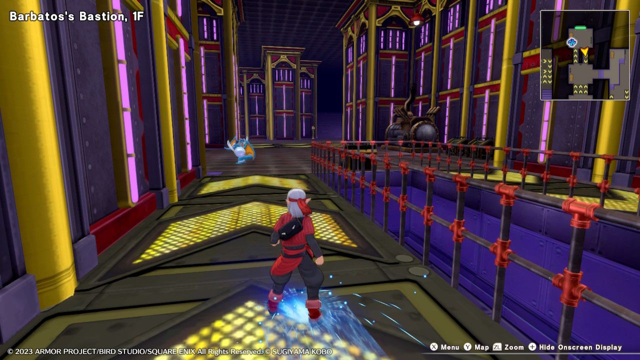 Psaro sliding on an automatical directional pathway in Barbatos's Bastion in the Upper Echelon of the Circle of Fortitude in Dragon Quest Monsters: The Dark Prince.