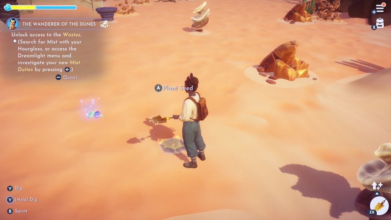 Player character with their shovel out in Glittering Dunes and digging up a piece of Oasis Glass in Disney Dreamlight Valley.