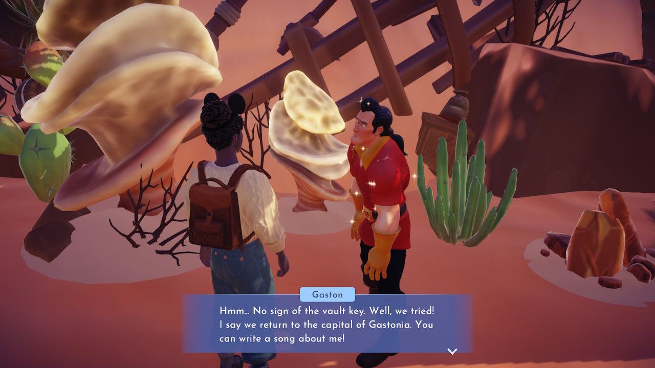 Player character speaking to Gaston about the Scarab Key in Disney Dreamlight Valley.