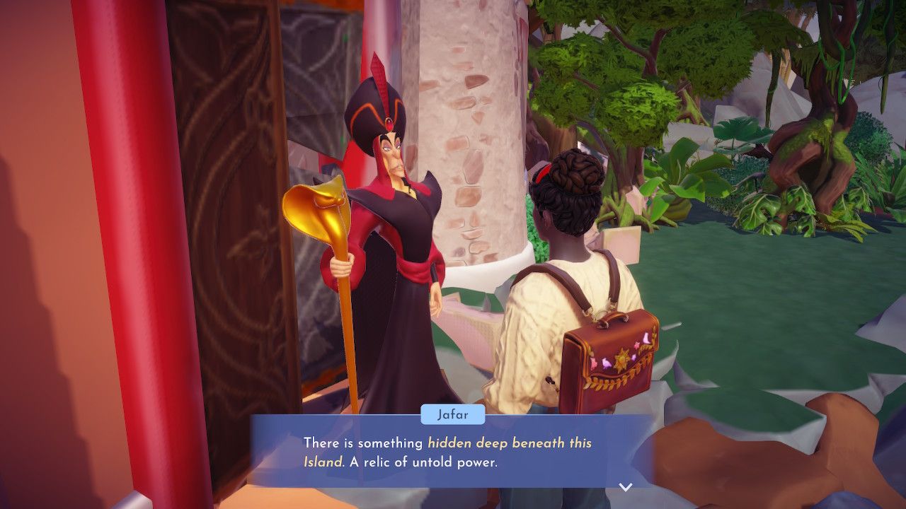 Player character speaking to Jafar after rescuing him and being told about a new relic in Disney Dreamlight Valley.