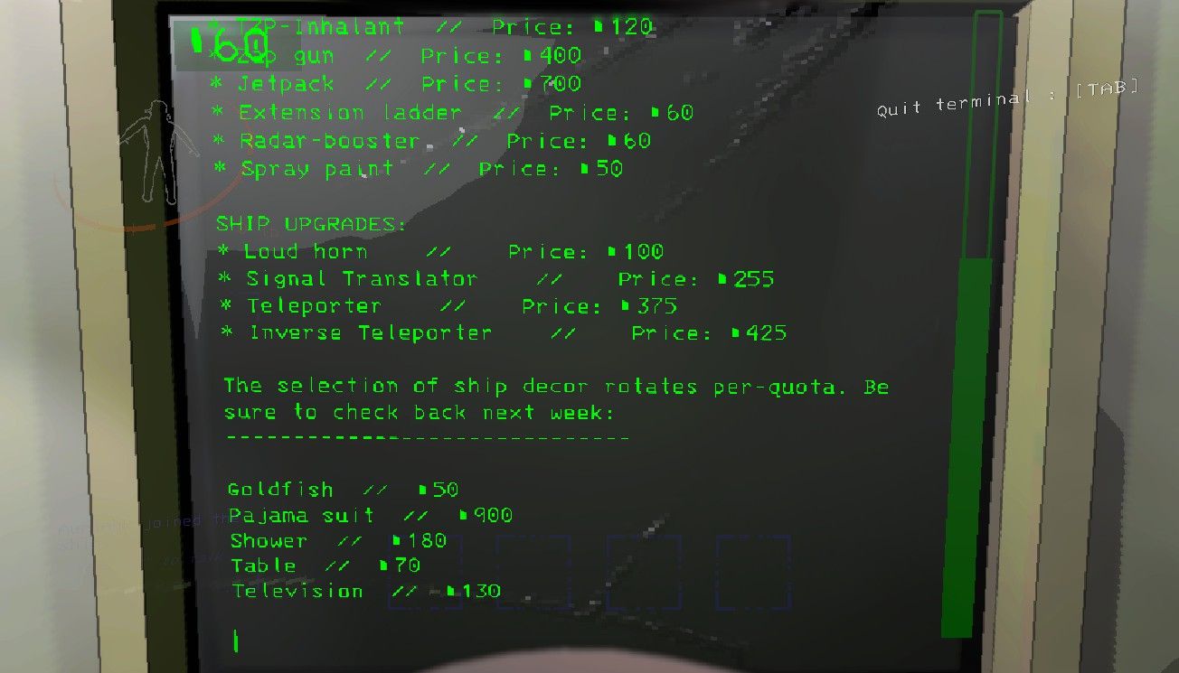 A computer screen with blocky green text listing a variety of different items available to purchase in Lethal Company.