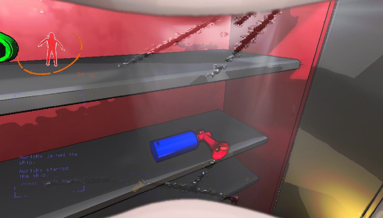 Red and blue Airhorn sitting on a shelf in a storage locker inside a ship in Lethal Company.