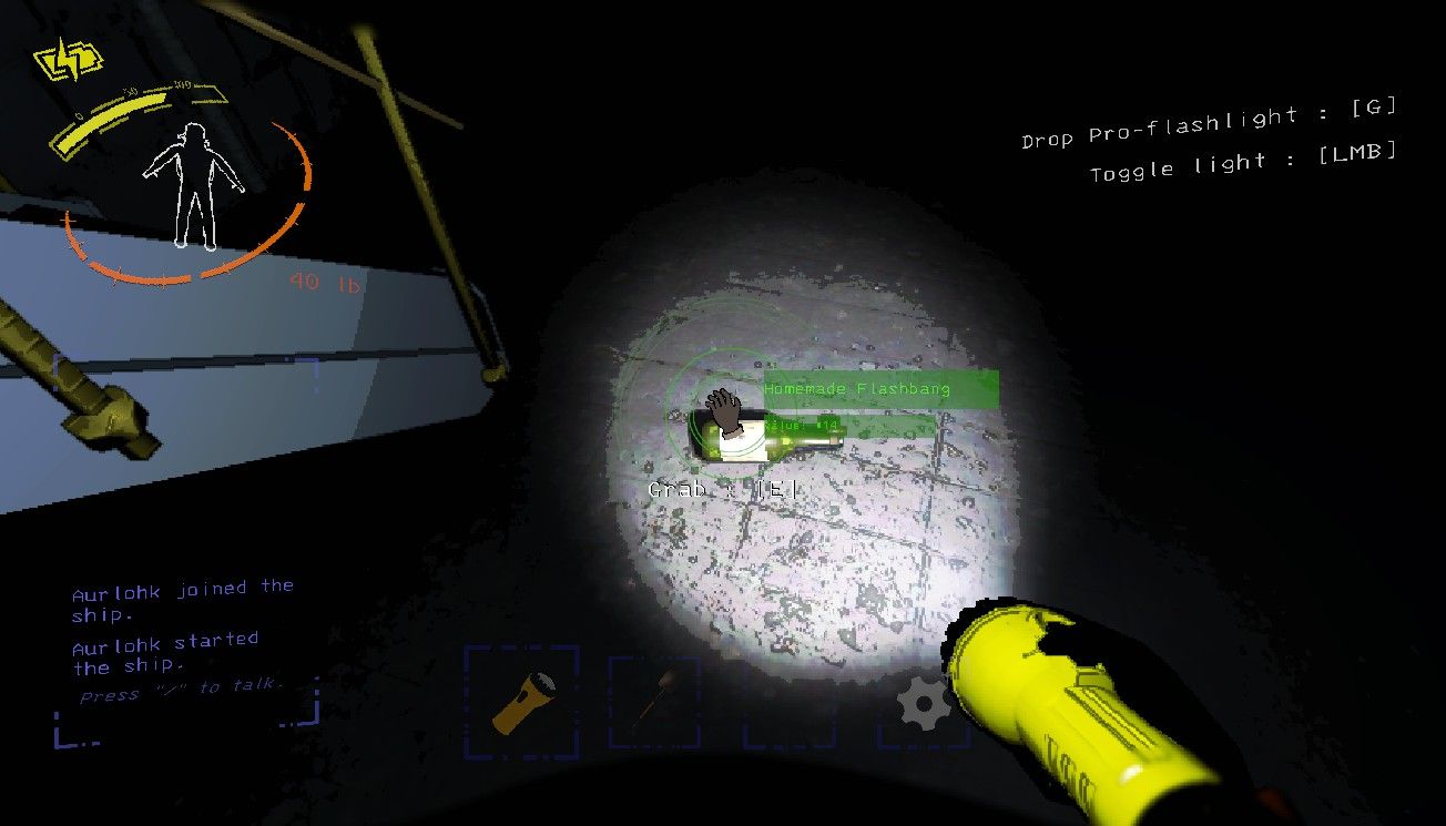 Player character shining a Pro-Flashlight at a Homemade Flashbang on the floor of a complex in Lethal Company.