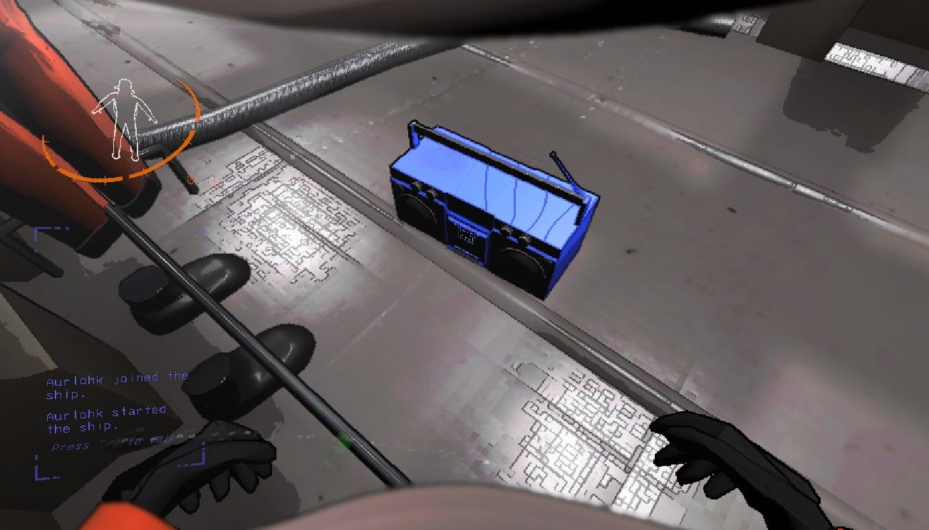 Player character crouching down next to a bright blue Boombox on the floor of a ship in Lethal Company.