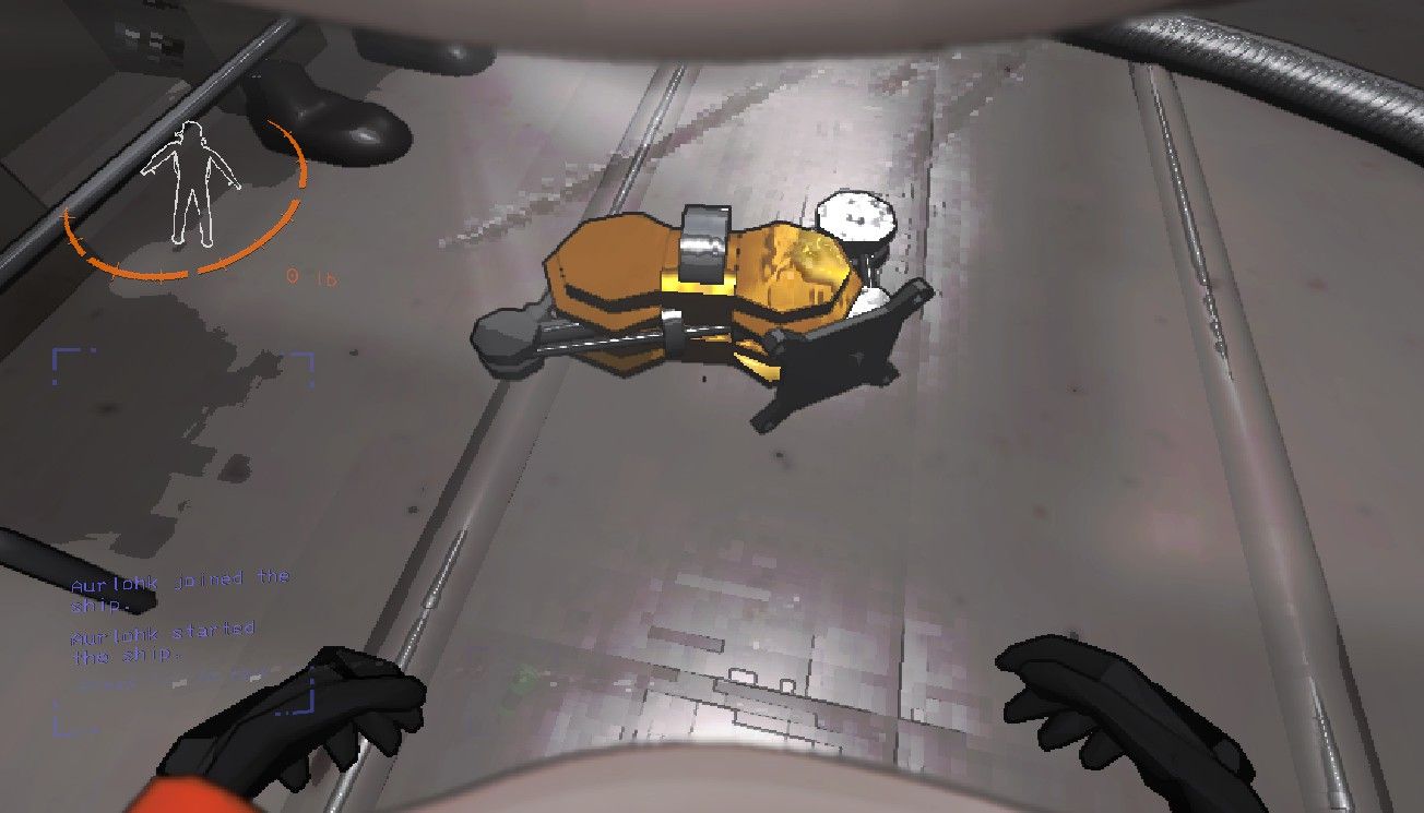 A player character crouching down in above a Lockpicker item laying on the floor of the ship in Lethal Company.