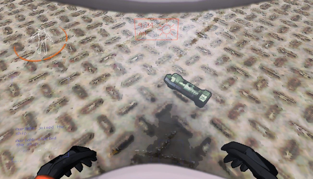 Player character crouching down above a stun grenade laying near the main entrance to a complex in Lethal Company.