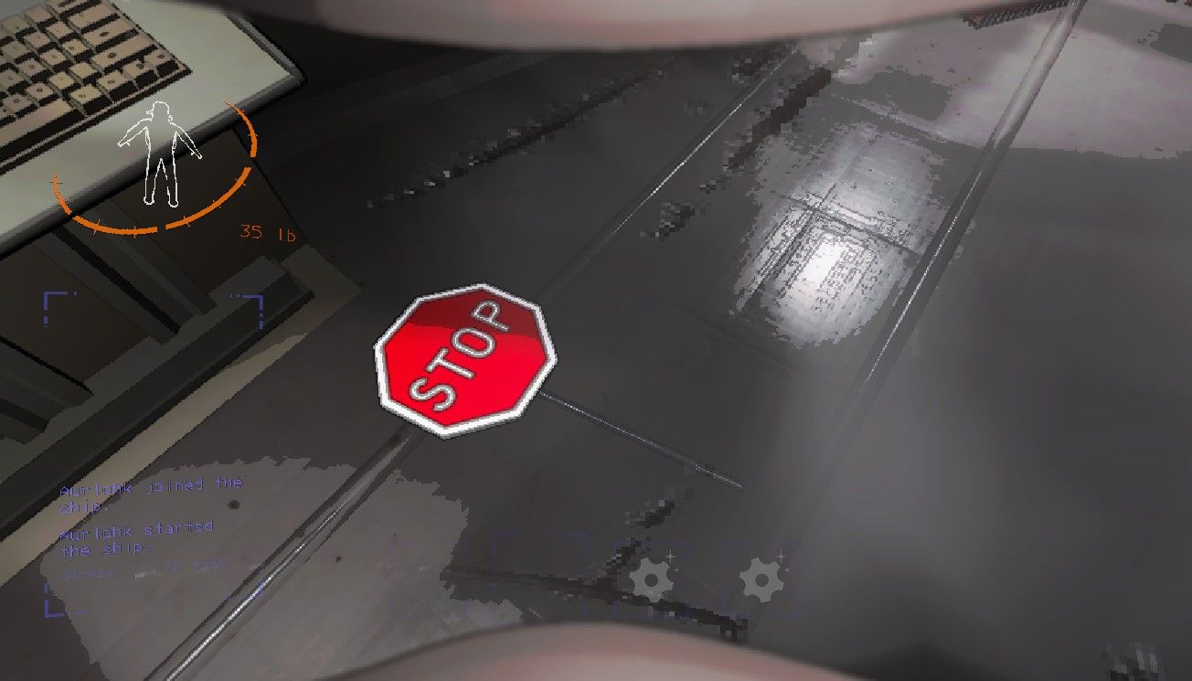 Red Stop Sign laying on the floor of the ship in Lethal Company.