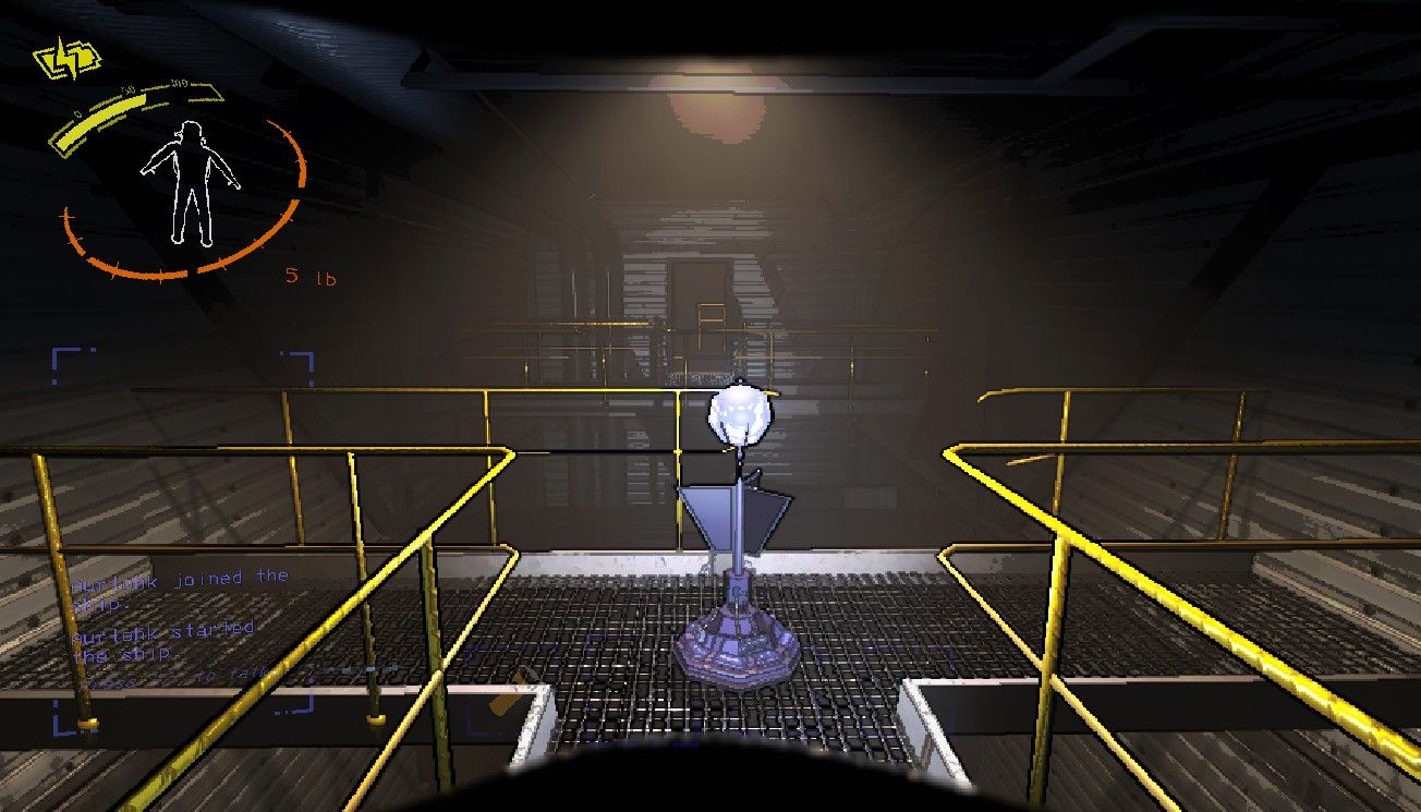 A blue Radar Booster sitting on a grated walkway inside the complex in Lethal Company. 