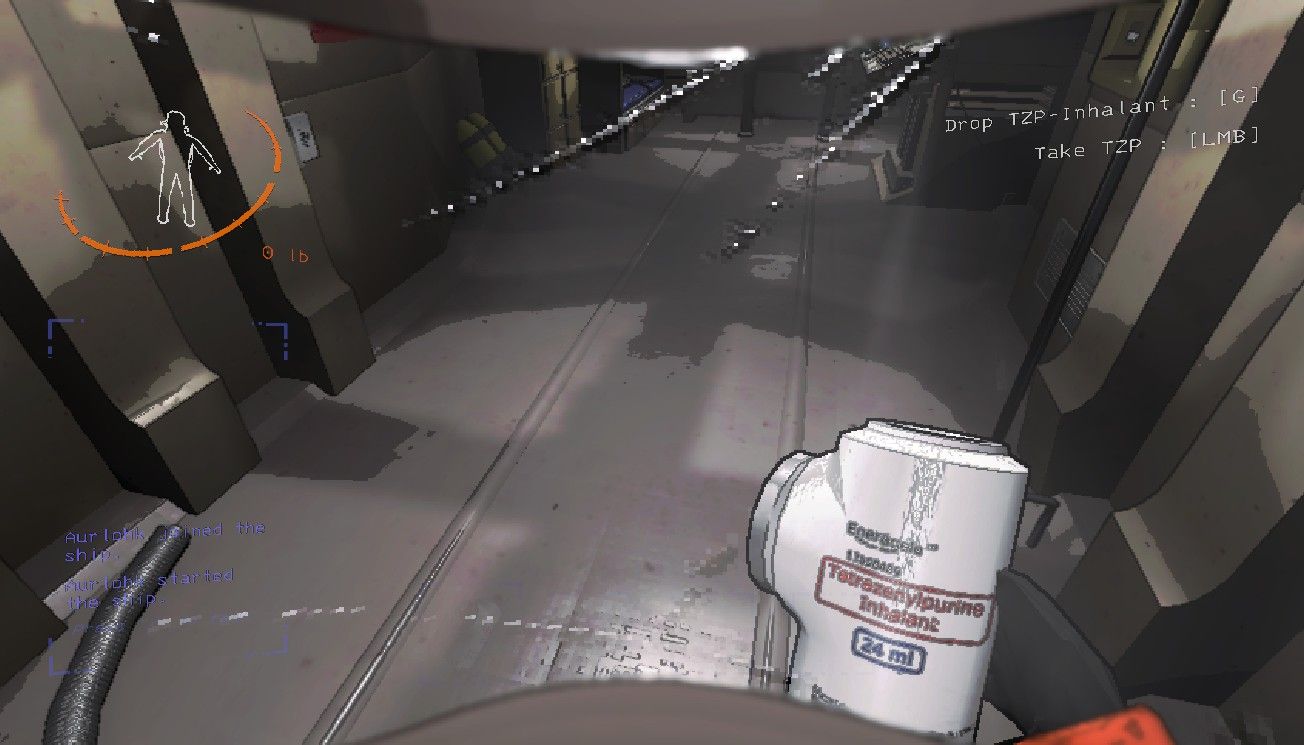 Player character holding a cannister of TZP-Inhalant in their hand inside a ship in Lethal Company.
