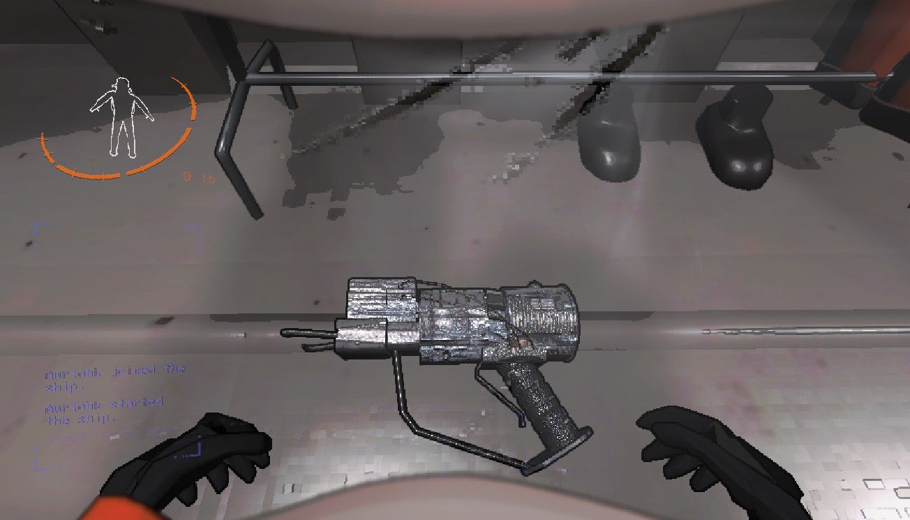 Player character crouching over a Zap Gun laying on the floor of a ship in Lethal Company.