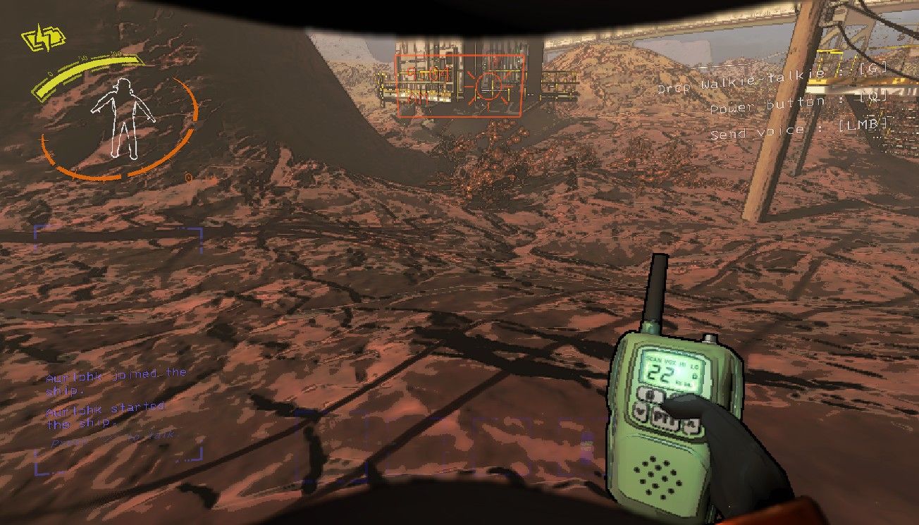 Player character holding a powered Walkie Talkie in their hand on the surface of a planet in Lethal Company.