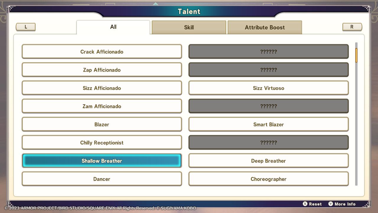 List of talents obtained in a player's Monsterpedia book showing several obtained talents and some unobtained in Dragon Quest Monsters: The Dark Prince.