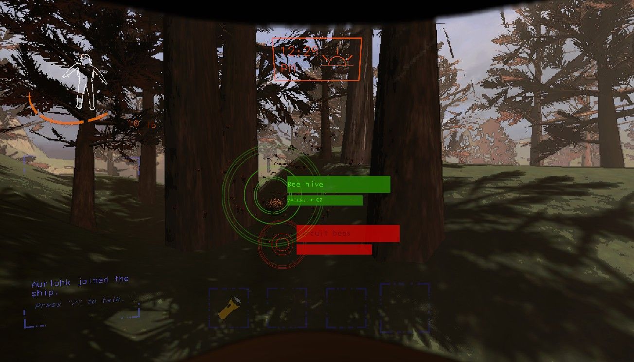 Player character standing near a Bee Hive and a cloud of Circuit Bees approach them in attack in Lethal Company.
