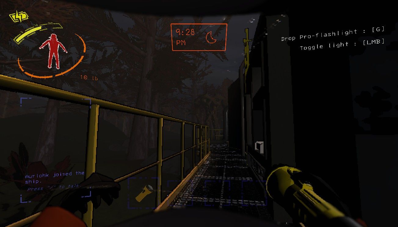 Player character crouched down on the side of their ship with a Forest Keeper standing in the distance near in Lethal Company.