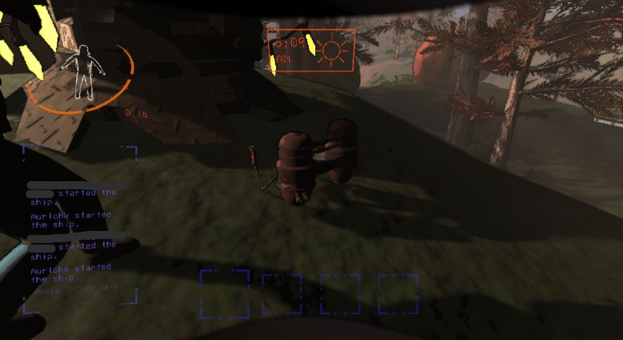 Jetpack sitting on the ground near a delivery pod and a player character on the surface of a planet in Lethal Company.