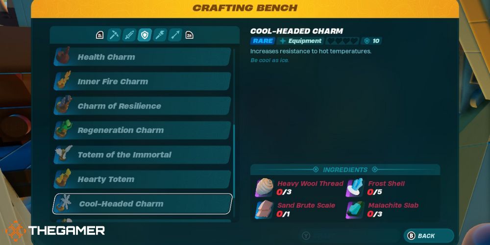 Lego Fortnite: showing recipe of cool-headed charm that can be made with frost shells