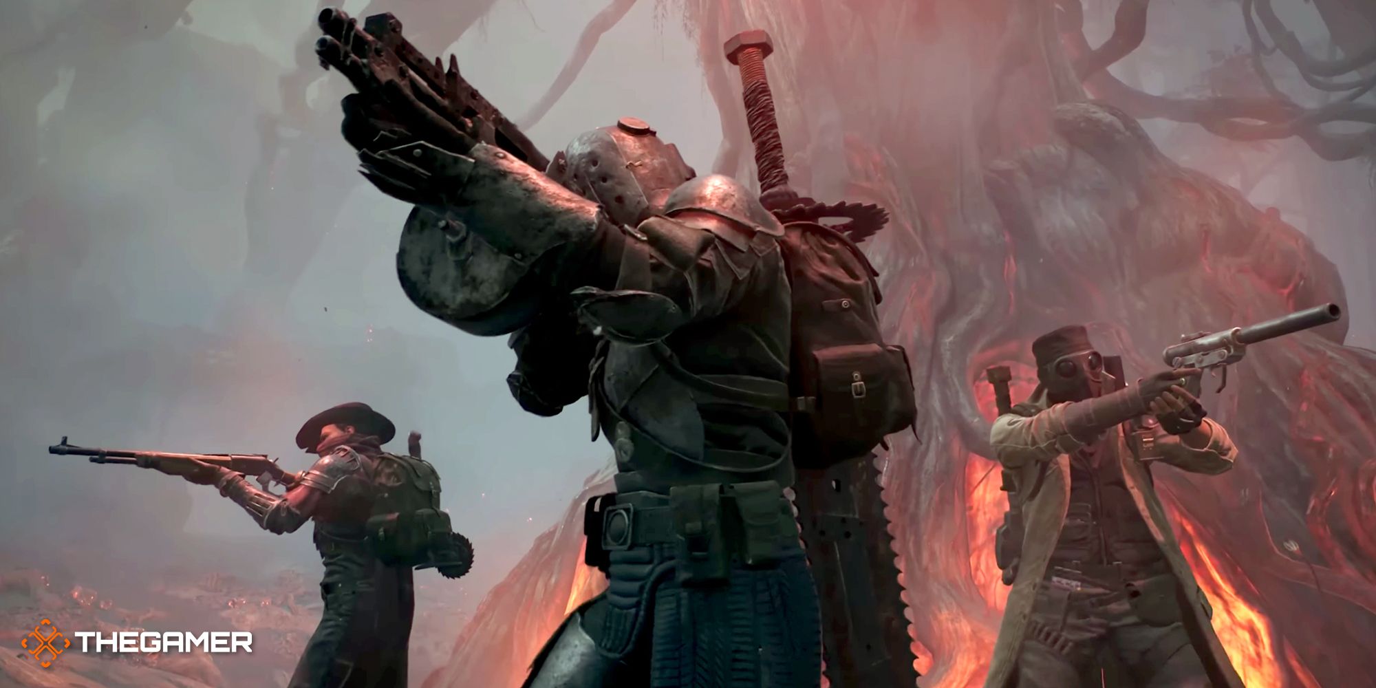 remnant 3 trio of characters aiming guns in dark dungeon