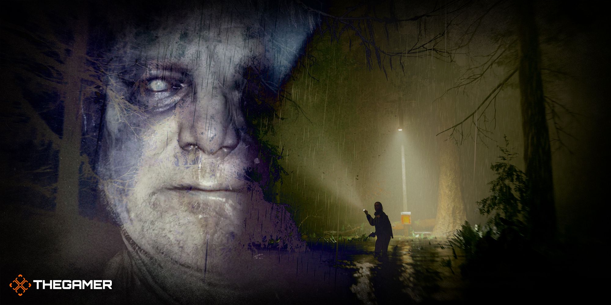 A split image from Alan Wake 2 with Nightingale on the left and Saga in the forest on the right.