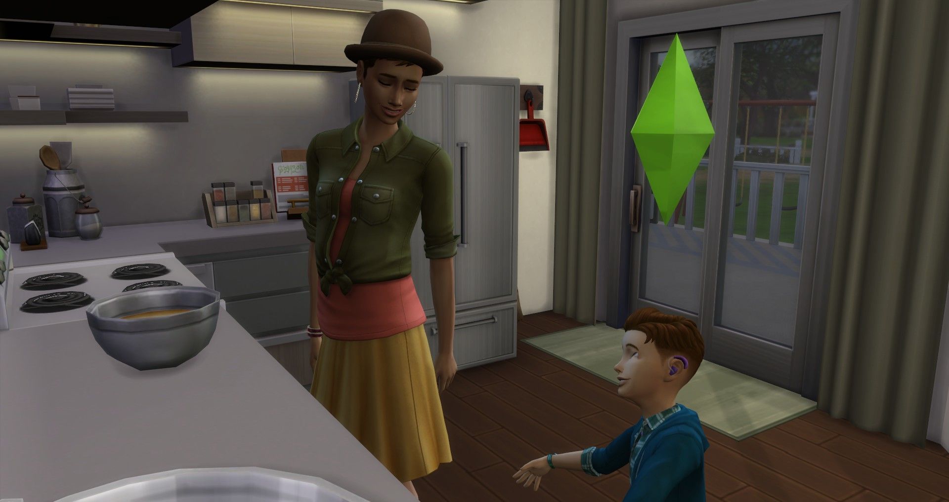 a child sim speaking to his parent while they cook in the kitchen together the sims 4 social skill children