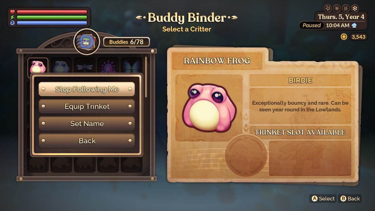 a critter's page in the buddy binder fae farm dlc