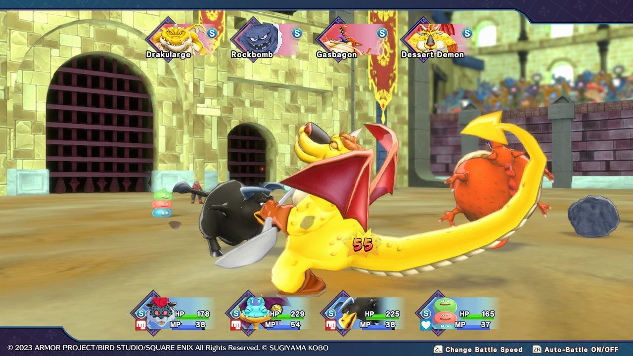 A Dark Sabrecub attacks a Drakalurge during the heat of battle at the Dragon Quest Monsters The Dark Prince Maulosseum.