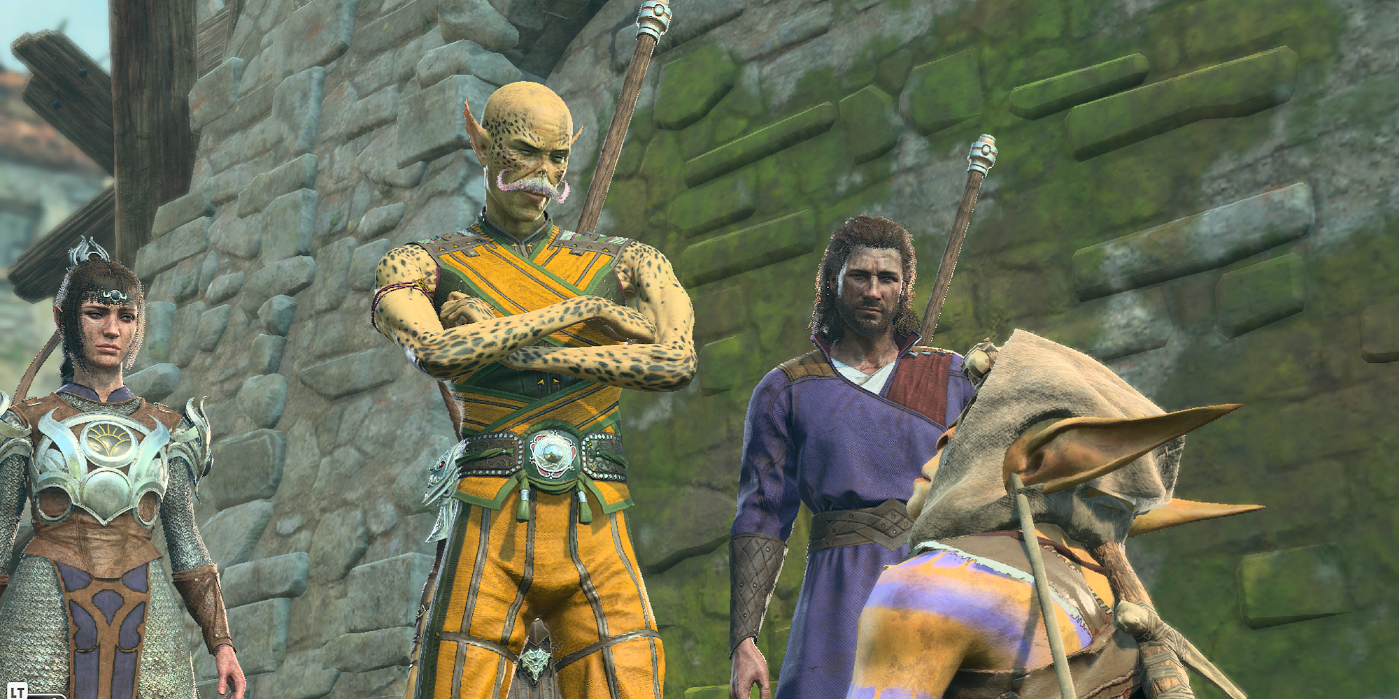 A githyanki monk tav, gale, and shadowheart looking at a goblin in baldur's gate 3