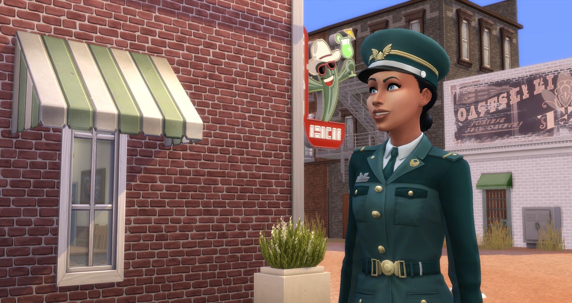 a grand marshal sim outside the bar in strangerville the sims 4