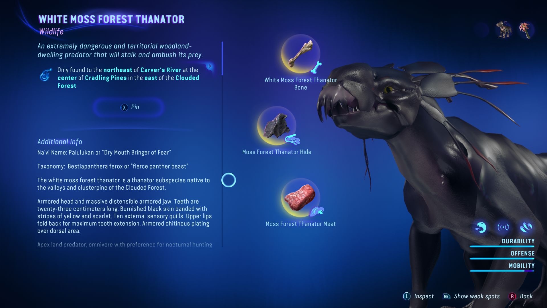 A menu in the Hunter's Guide showing information about an animal Avatar Frontiers of Pandora