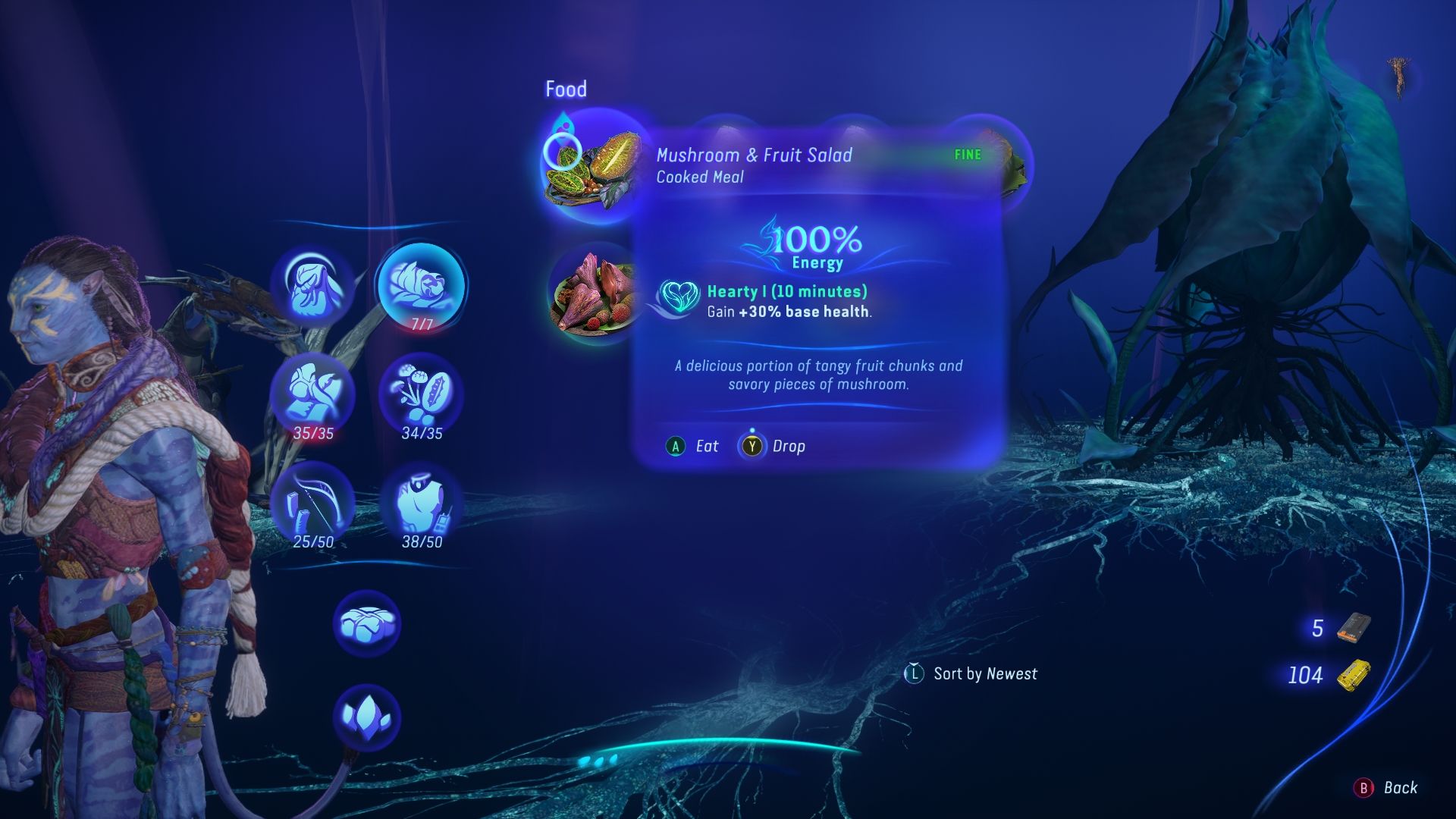 A menu showing a collection of food that the player have Avatar Frontiers of Pandora
