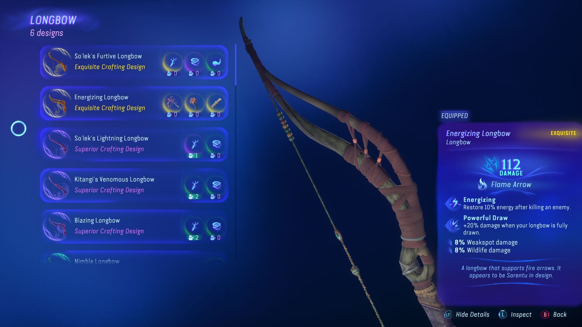 A picture of a crafting menu of the Longbow Avatar Frontiers of Pandora