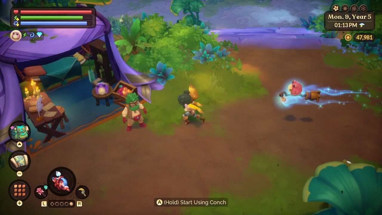 a rainbow frog following a fairy on a broomstick to lem's shop fae farm archipaligo park coasts of croakia dlc