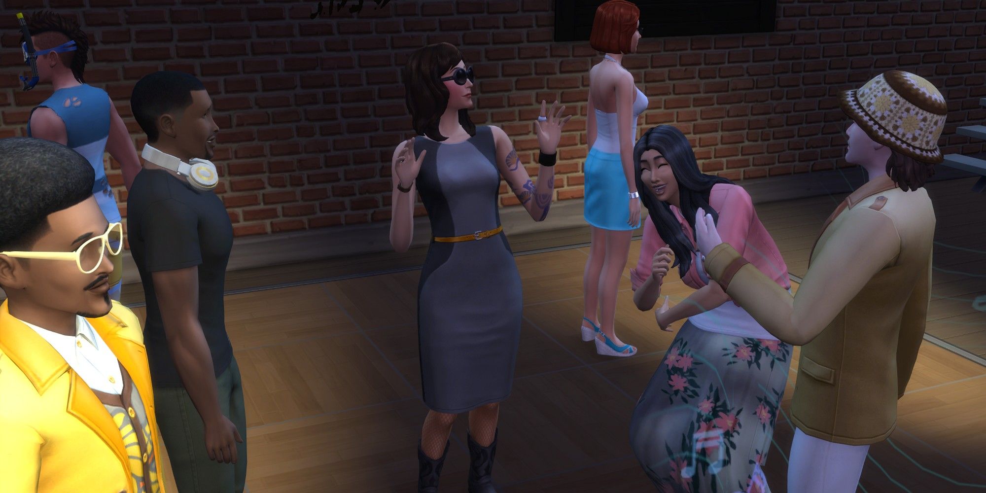 a sim telling a joke to a laughing group of sims at a club the sims 4 comedy skill