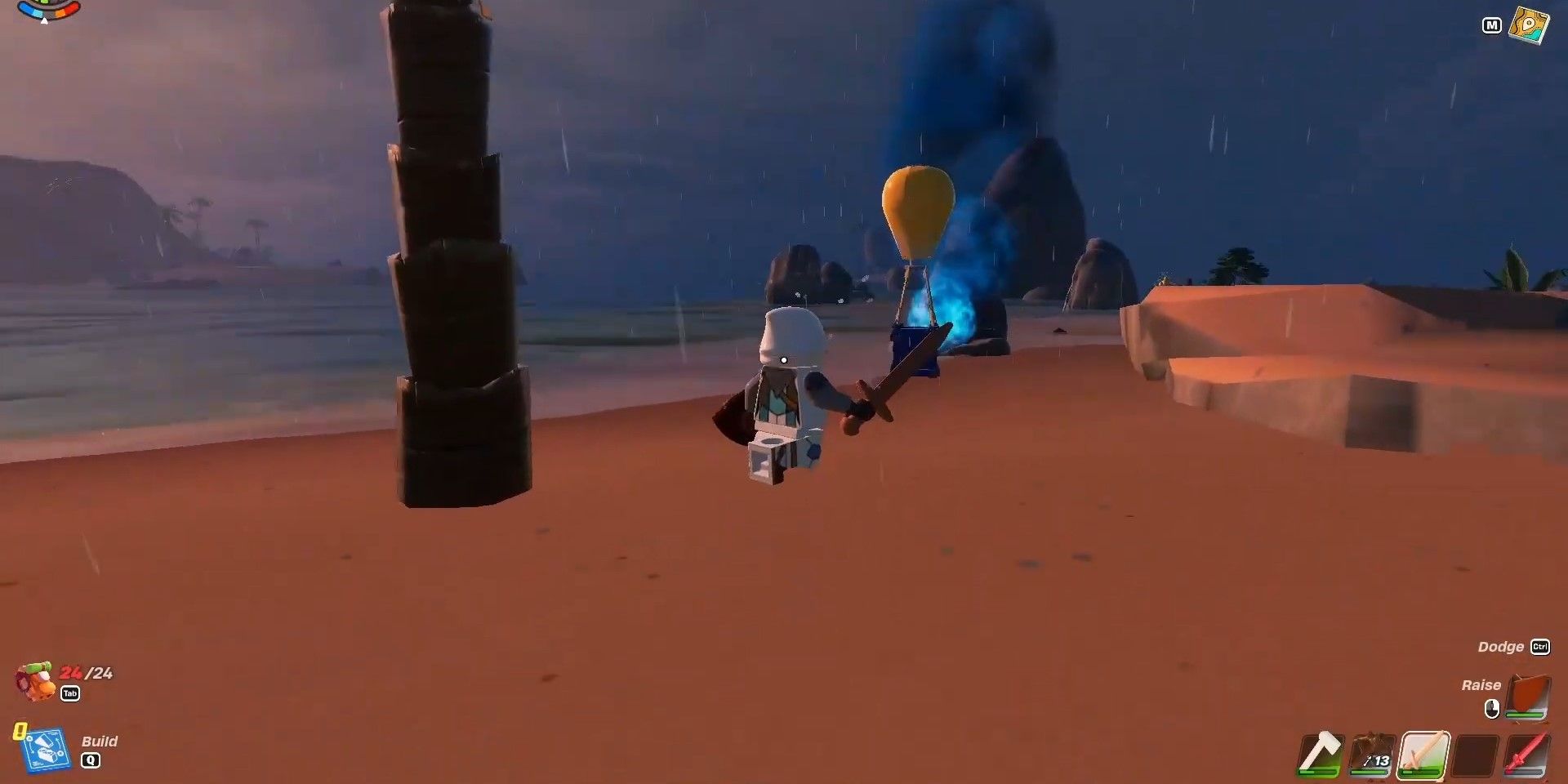 A supply drop landing on the beach in Lego Fortnite