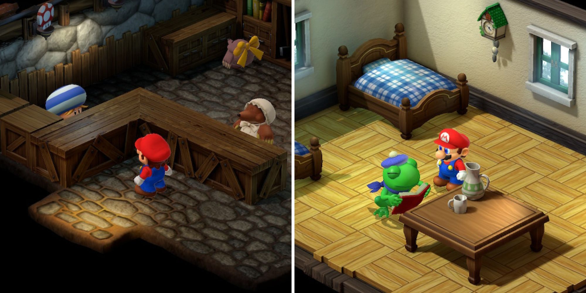 Collage showing the Moleville Item Shop and the Seaside Town Frog Coin Emporium in Super Mario RPG.