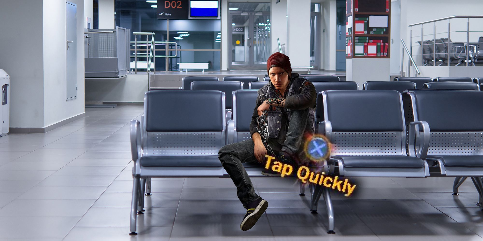 A video game character wearing jeans, a jacket, and a red beanie, sits in an airport waiting room, with a prompt that reads 