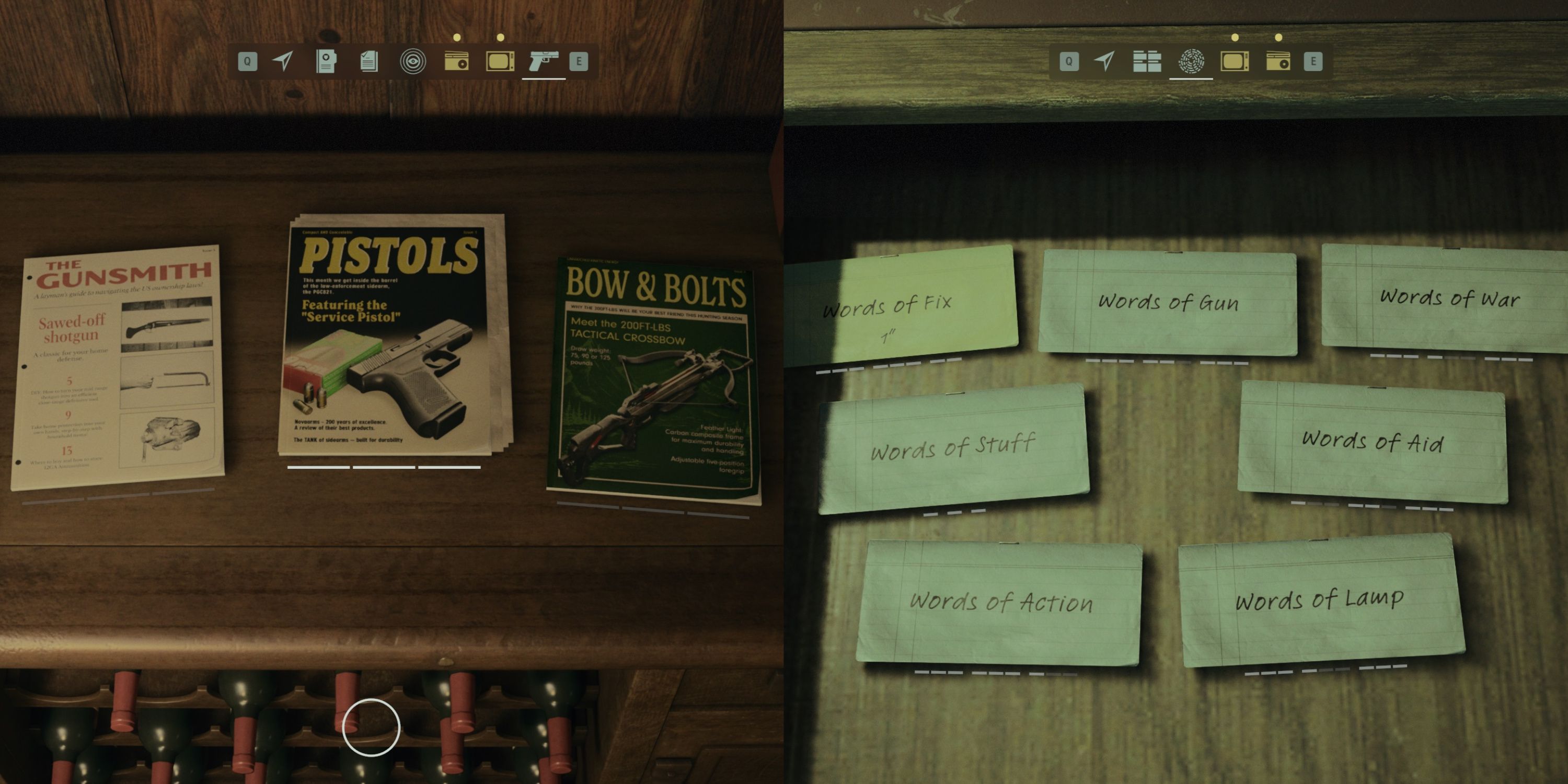 Saga upgrades her weapons through the magazines in her Mind Place (left), Alan upgrades his abilities through Words of Power (right)