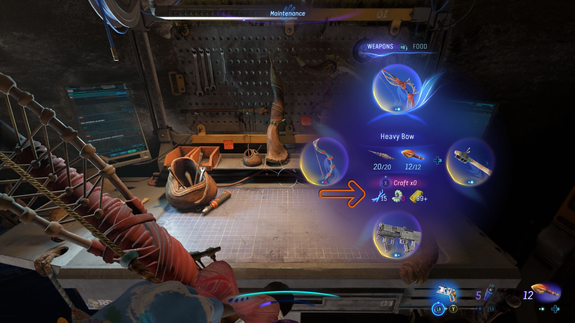 An arrow pointing the craft of ammo option in the weapons wheel Avatar Frontiers of Pandora