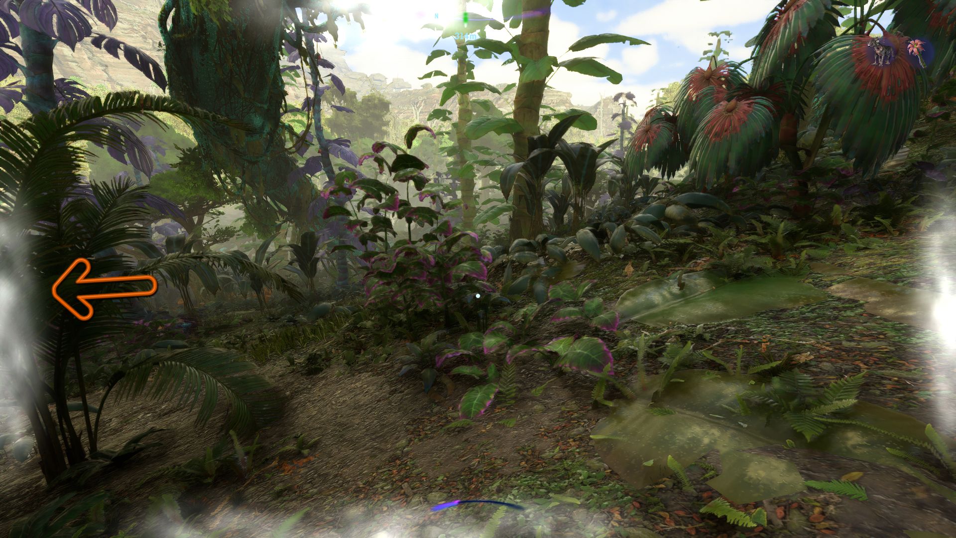 An arrow showing the edges of the screen turning white indicating that the player is within the vicinity of a non-feral Thanator Avatar Frontiers of Pandora