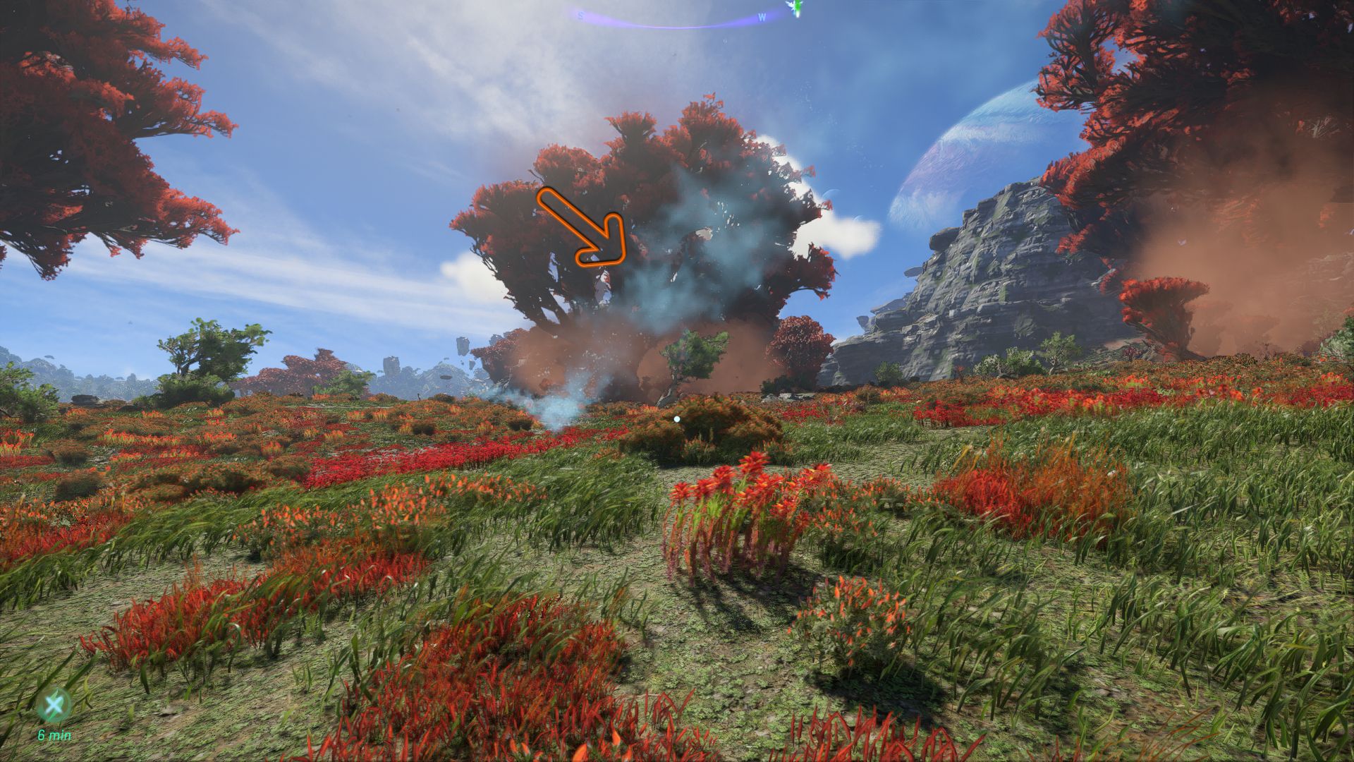 An arrow showing the greenish tail the moths leaves behind as they fly Avatar Frontiers of Pandora