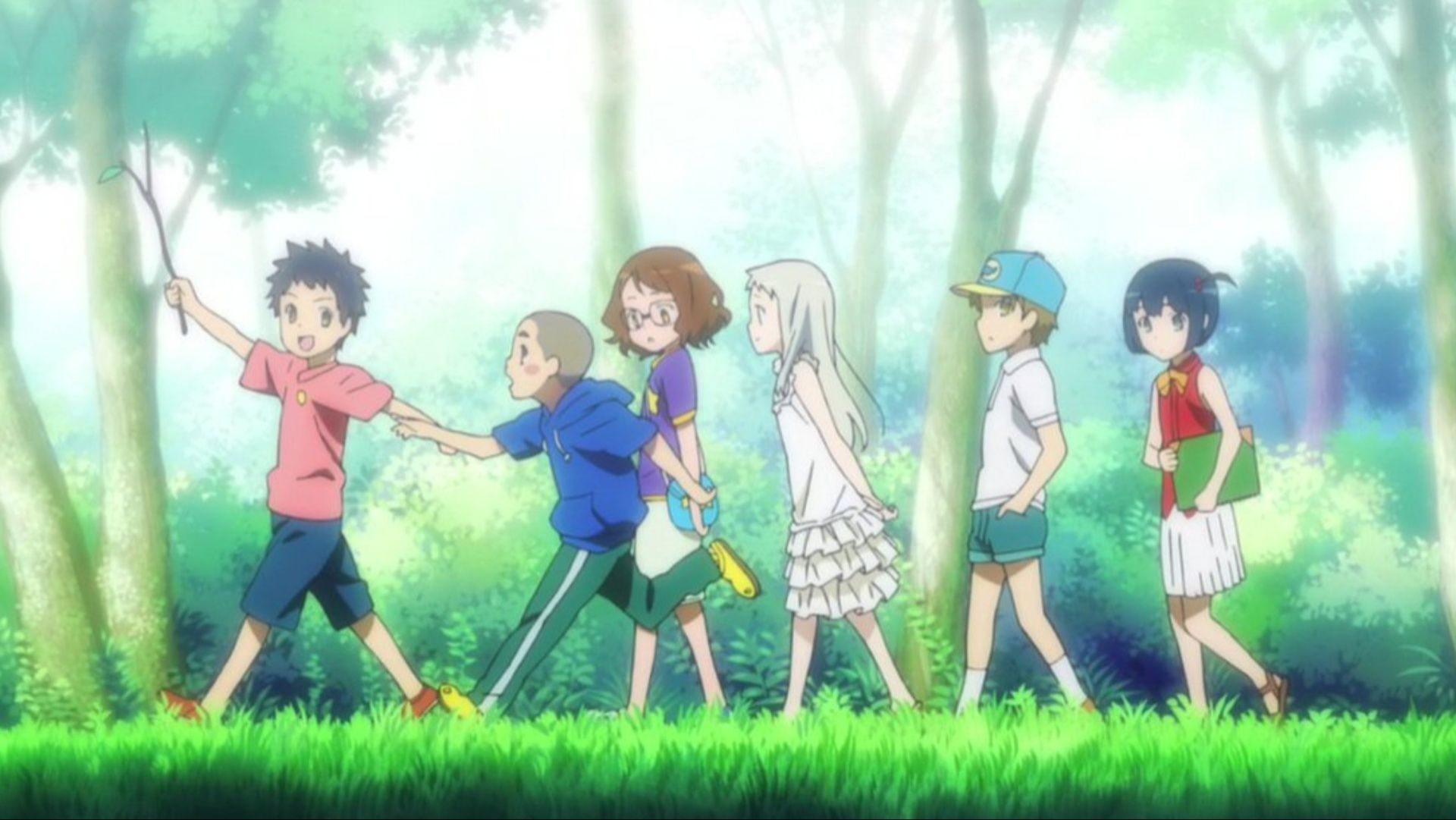 The main cast of Anohana walking through a forest.