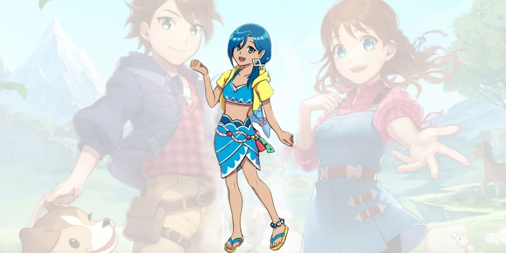 Aolani from Harvest Moon: Winds of Anthos, poses in mermaid-esque dress and sandals.