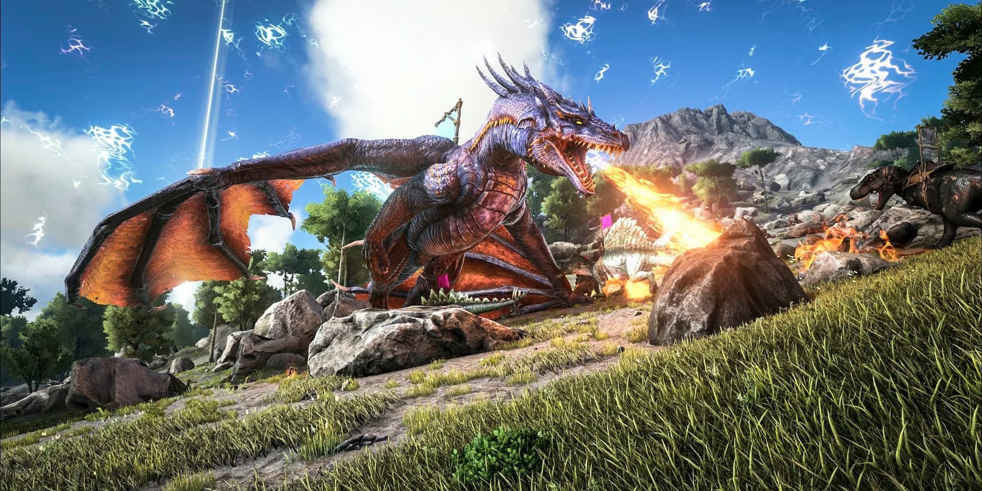 A winged dinosaur breathes fire onto a field in Ark Survival: Evolved.