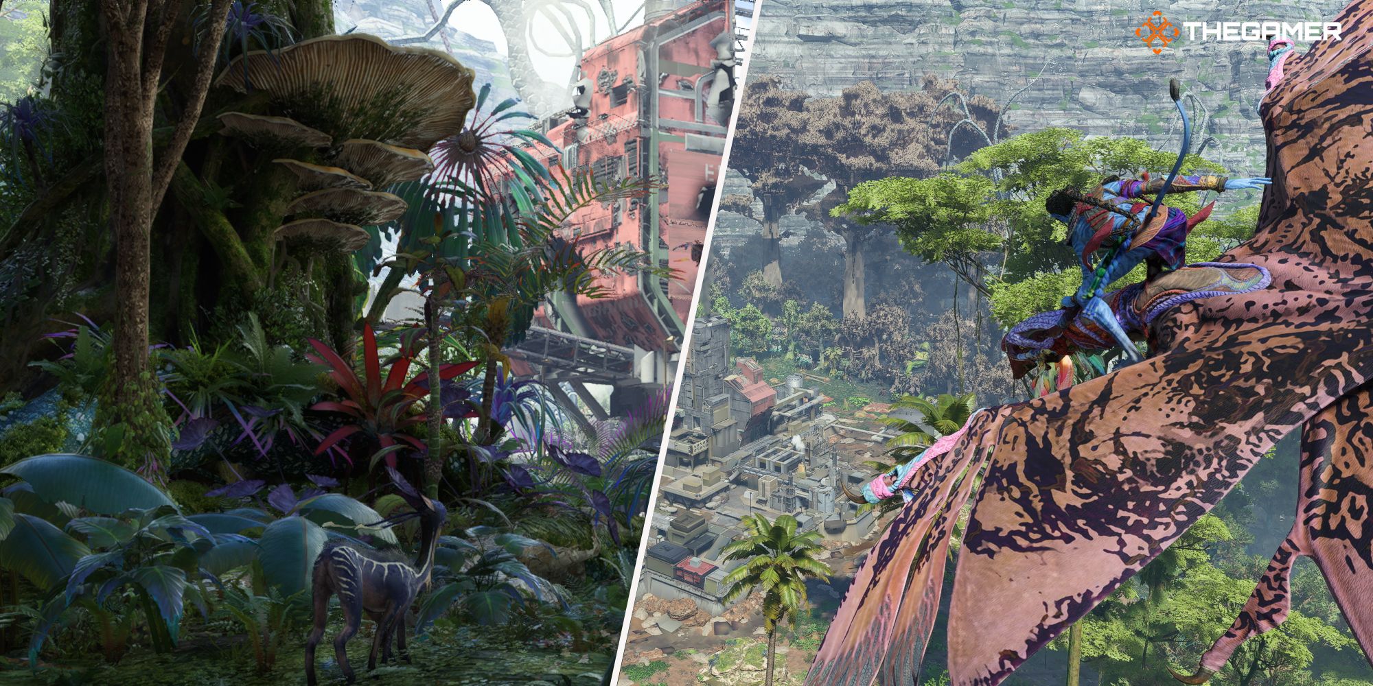 Avatar Frontiers Of Pandora Combined image of mining facility and Na'vi with ikran