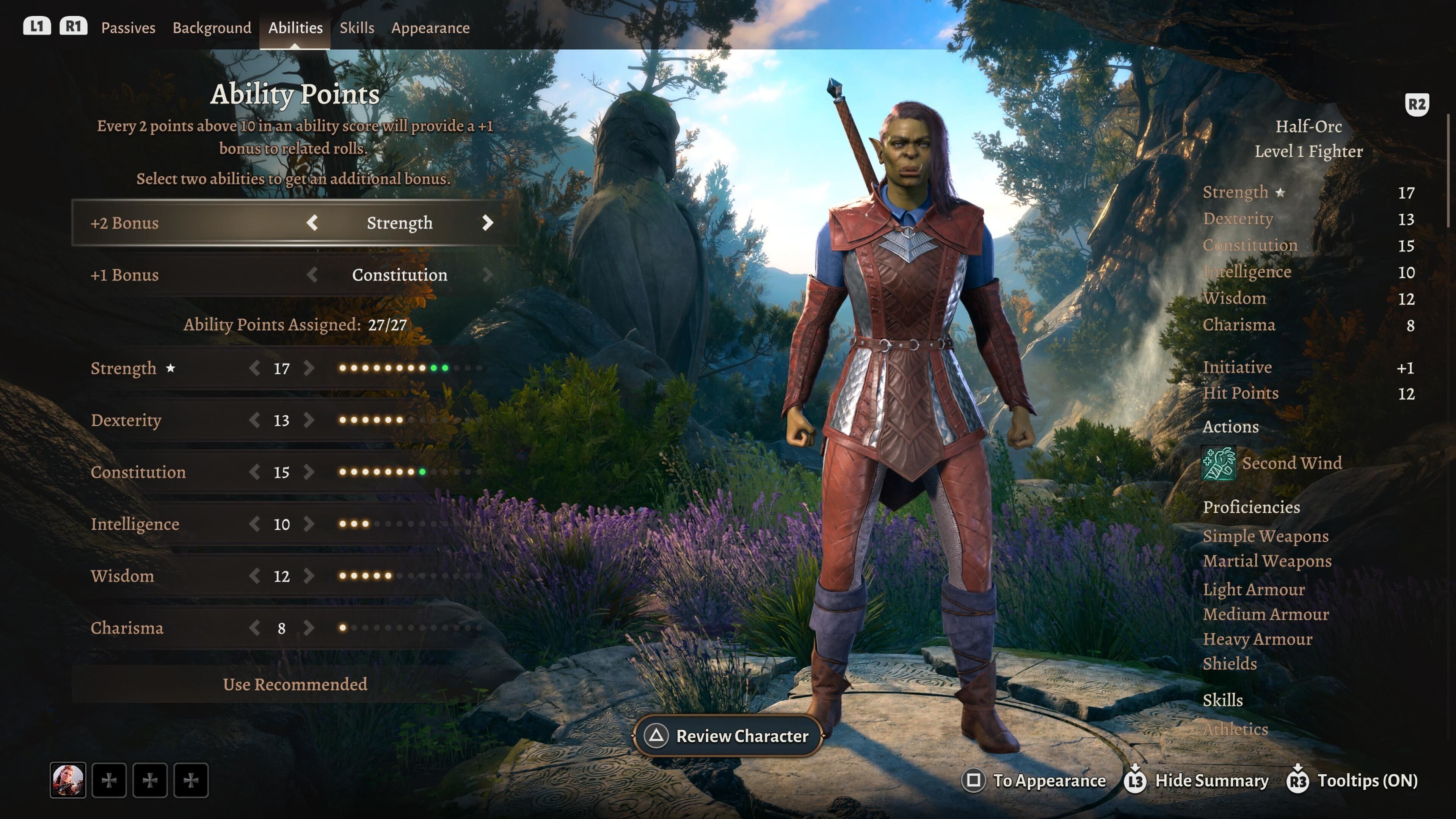 Baldur's Gate 3 A orc woman Fighter in character creation with her ability scores